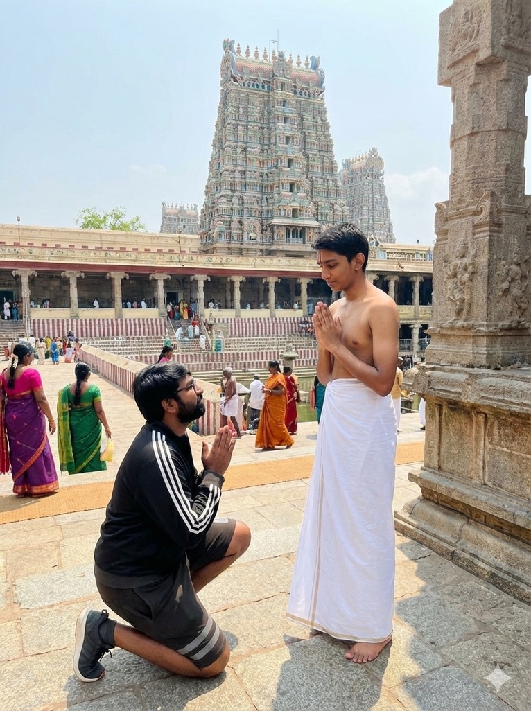 Temple Boy greeting a devotee at the temple